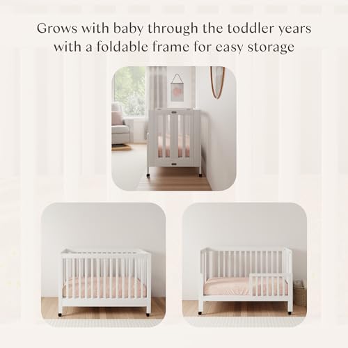 Babyletto Maki 2-in-1 Baby Crib Convertible to Toddler Bed - GREENGUARD Gold Certified Portable Folding Wood Crib w/ Toddler Conversion Kit - 4 Adjustable Heights, Easy to Assemble - White