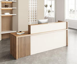 Anzhap 94" L-Shaped Reception Desk with Counter — Front Desk Reception Counter with Lockable Drawer, Storage Cabinet & Double Countertop for Office, Lobby, Checkout (Oak & Cream White) Anzhap