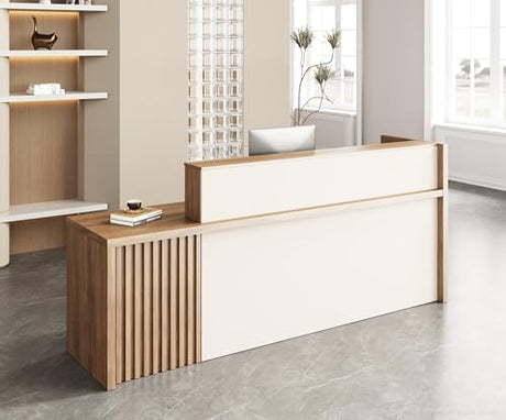 Anzhap 94" L-Shaped Reception Desk with Counter — Front Desk Reception Counter with Lockable Drawer, Storage Cabinet & Double Countertop for Office, Lobby, Checkout (Oak & Cream White) Anzhap