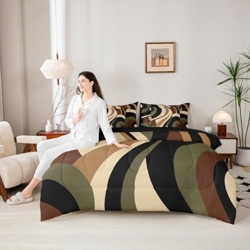 Green Brown Spiral King 7-Piece Bedding Set Modern Swirls Stripes Abstract Comforter Set with Sheets for Minimalists Boho Aesthetic Geometric Bed in a Bag Graffiti Art Lines Bedding Sets Erosebridal