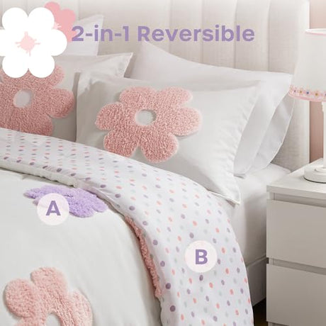 Intelligent Design Kids Full Comforter Set for Girls, Tufted Chenille Floral Comforter Set Queen, Lightweight Polka Dot Reversible Bed Set, Shams, Pillow, Gracie, Full/Queen White/Purple 4 Piece Intelligent Design