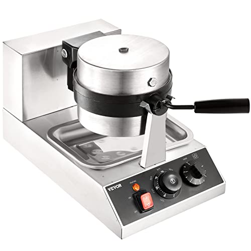 VEVOR Commercial Waffle Maker, 1300W Round Waffle Iron, Non-Stick Rotatable Waffle Baker Machine With 122-572℉ Temp Range and Time Control, Teflon-Coated Baking Pan Stainless Steel Body 120V VEVOR