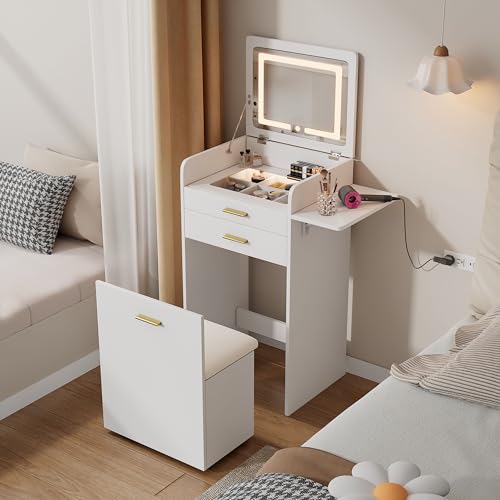 KDCAS 3 in 1 Small Vanity Desk with Flip Top Mirror and Lights| 20" Compact Makeup Vanity Set with Hidden Storage Stool & 2 Drawers| Mini Dressing Table for Bedroom(White) KDCAS
