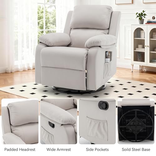 Korser Recliner Chair, 360 Swivel Rocker Chair for Adults, Small Rocking Recliner for Small Spaces, Upholstered Fabric Glider Recliner Nursery (Swivel Rocker Recliner, Off White)