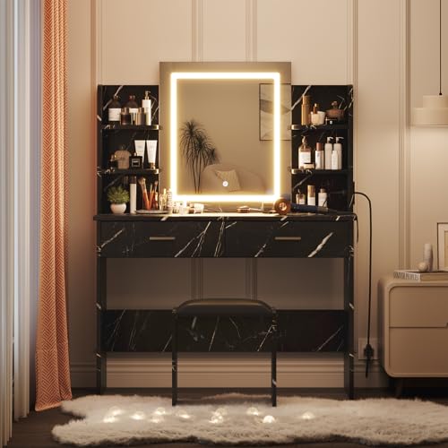 GAOMON Makeup Vanity Desk with Lights and Mirror, Vanity Table with 3 Lighting Modes, Storage Drawer, Shelves, Charging Station and Included Stool for Bedroom, Marble Black GAOMON