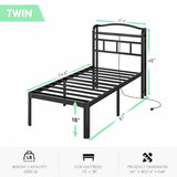 QEROMY Twin Size Bed Frame - Storage Headboard with Charging Station, Easy Assembly, 18 inch Heavy Duty Metal Platform Bed Frame No Box Spring Needed, Black QEROMY