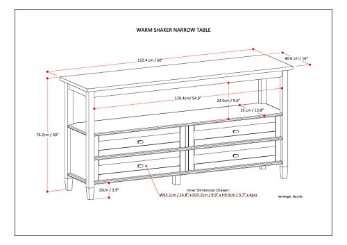 SIMPLIHOME Warm Shaker SOLID WOOD 60 inch Wide Wide Console Sofa Entryway Table in Light Golden Brown with Storage, 4 Drawers and 1 Shelf, for the Living Room, Entryway and Bedroom - WoodArtSupply