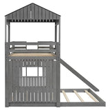 Harper & Bright Designs House Bunk Bed with Slide,Wood Twin Over Full Bunk Bed with Roof,Ladder & Safety Guardrail,Floor Bunk Loft Bed for Kids,Teens,No Box Spring Needed, Antique Grey Harper & Bright Designs