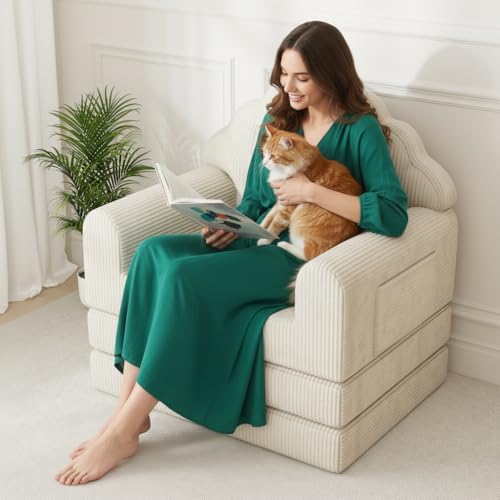 DSNAPE 2-in-1 Folding Sofa Bed with Back Support, 75" D x 34" W Convertible Futon Sleeper Chair for Adult, Fold Out Bean Bag Floor Foam Lounger Couch for Living Room Bedroom Small Space, Beige DSNAPE