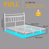 VERFARM Floating Double Bed Frame with USB Charging Station, LED Bed Frame with Wood Storage Headboard, Metal Platform Bed Frame Full Size, No Box Spring Needed, Steel Slat Support, White VERFARM