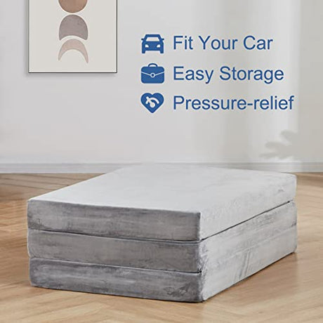 SINWEEK Tri Folding Mattress Foam Topper 4" Thickness Floor Cot Mattress, Guset Bed with Removable&Machine Washable Cover and Lining, CertiPUR-US Certified 25 x 75 Inch SINWEEK