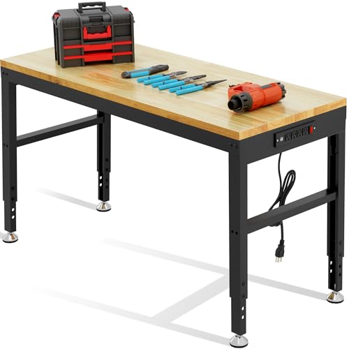 48" Heavy Duty Workbench, Solid Wood Working Bench Adjustable Height Rolling Work Tables with Power Outlets for Home Office, 1800 Lbs Capacity (Rubber Pad丨48 x24 丨Socket) Hombanyan