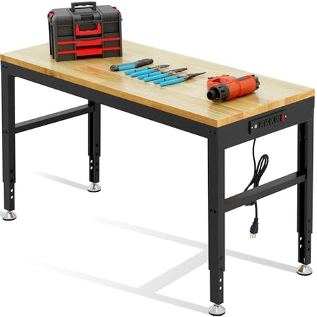 48" Heavy Duty Workbench, Solid Wood Working Bench Adjustable Height Rolling Work Tables with Power Outlets for Home Office, 1800 Lbs Capacity (Rubber Pad丨48 x24 丨Socket) Hombanyan