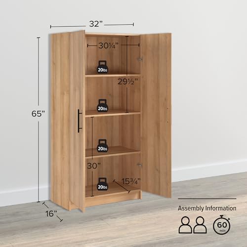 Prepac Elite 32 inch Storage Cabinet, 16" D x 32" W x 65" H, Oak