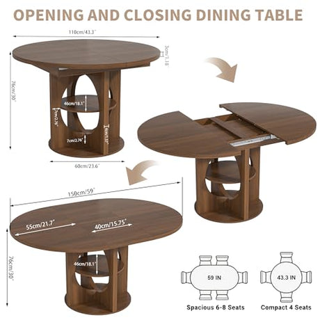 Xyulmeo Extendable Round Conference Table for 4-6, 43-59 Inch Oval Meeting Room Table with Storage, Wood Walnut Circle Table with Leaf, Space Saving, for Office, Conference Room, Boardroom, Seminar Xyulmeo