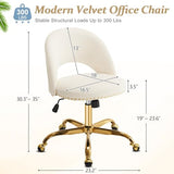 VINGLI Modern Velvet Small Office Chair,Cute Desk Chair with Wheels,Gold Base/Studs, Comfy Armless Swivel Vanity Task Chair for Women/Girl/Kids, Nail Tech Chair for Bedroom,Small Space,White VINGLI