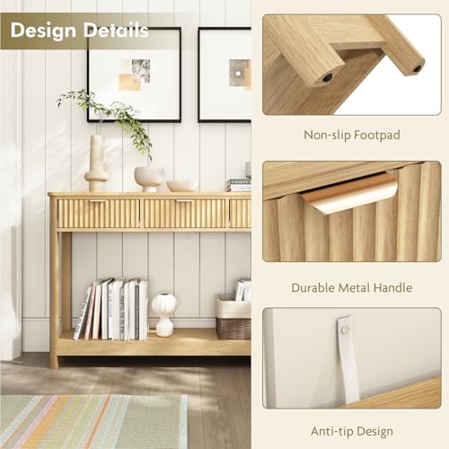 HOKYHOKY Fluted Console Table with Drawers, Modern 47.1" Entryway Table with Storage Shelf, Boho Narrow Skinny Behind Couch Wood Sofa Table for Living Room Hallway Entrance Foyer, Natural HOKYHOKY