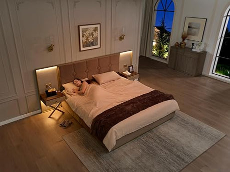 Olodumare Luxury Modern Bed Frame with Velvet Headboard, 2 LED Lights & Floating Nightstands, King, Coffee | Sturdy Wood & Metal Platform Bed, No Box Spring Needed Olodumare