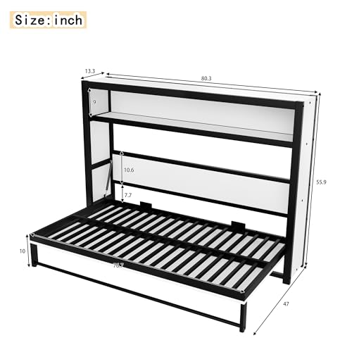 JIVOIT Twin Size Murphy Bed, Metal Wall Bed with Integrated Shelf for Storage & Decor, Space-Saving Metal Foldable Platform Bed, No Spring Box Needed (White//7) JIVOIT