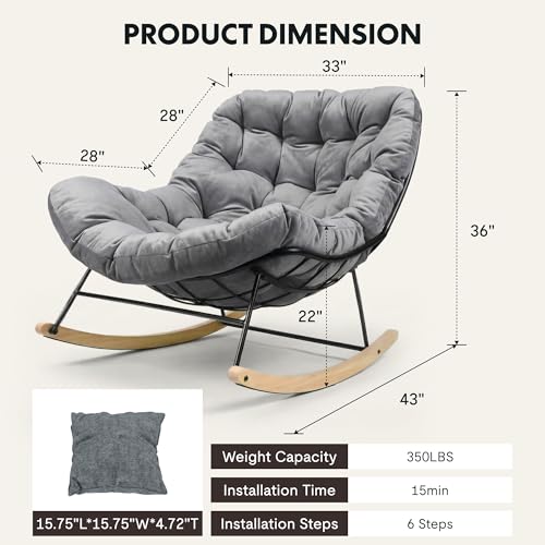 FLEXISPOT Oversized Outdoor Rocking Chair with Thick Cushioned Seat & Bonus Pillow, Modern Patio Papasan Rocker Lounge Chair with Metal Frame Wood Base Accent Chair for Porch Balcony Living Room Grey
