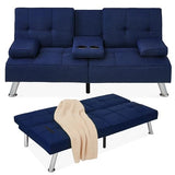 Best Choice Products Linen Modern Folding Futon, Reclining Sofa Bed for Apartment, Dorm w/Removable Armrests, 2 Cupholders - Dark Blue Best Choice Products