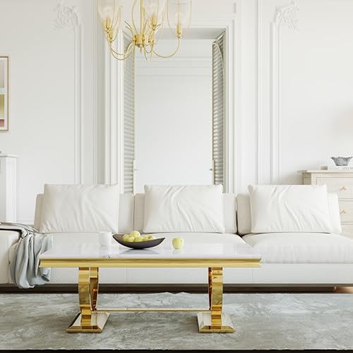 Asday Gold and White Coffee Table, Rectangle Gold Marble Coffee Table, Luxury Elegant Center Table for Living Room, Guest Hall, Reception Room Asday