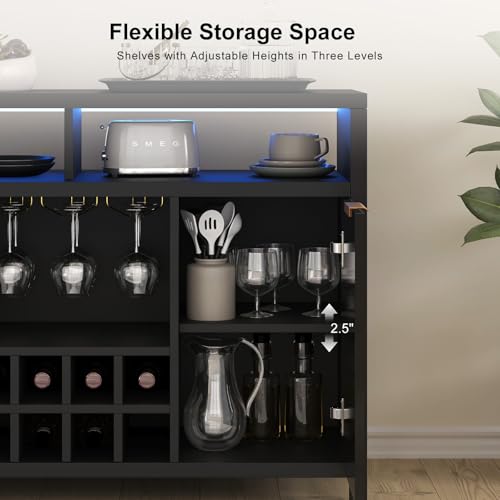 Fluted Home Bar Wine Cabinet with LED Light, Charging Station, Wine Rack - Buffet Cabinet with Storage, Coffee Bar Table, Stylish Fluted Credenza Cabinet for Modern Home Kitchen 47.2" Black Svimi