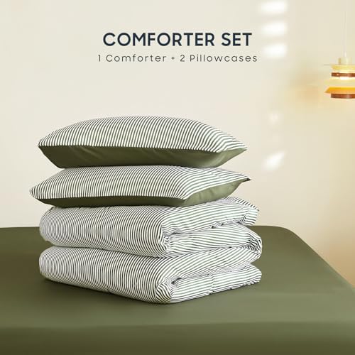 Wake In Cloud - Striped Comforter Set, Ticking Stripe Vertical Pinstripe Neutral Farmhouse Pattern Printed, Soft Lightweight Bedding, 3 Pieces, Olive Green White, King Size Wake In Cloud