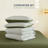Wake In Cloud - Striped Comforter Set, Ticking Stripe Vertical Pinstripe Neutral Farmhouse Pattern Printed, Soft Lightweight Bedding, 3 Pieces, Olive Green White, King Size Wake In Cloud