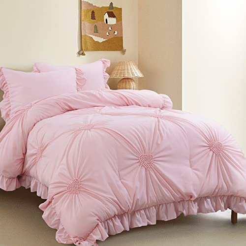 ROYALAY Pink Bedding Kids Comforter Sets for Girls Ruffle Bedding Set Full/Queen Size with 2 Pillow Shams, Blush Pinch Pleat Comforter for All Season (Pink, Full-81"x86") ROYALAY