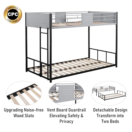 KMBOHE Metal Twin Over Twin Low Bunk Bed with Vent Board, Heavy Duty Steel Frame with Safety Guardrail and Noise Reducing Design, CPC Certified Bunk Bed for Kids and Teens, Black KMBOHE