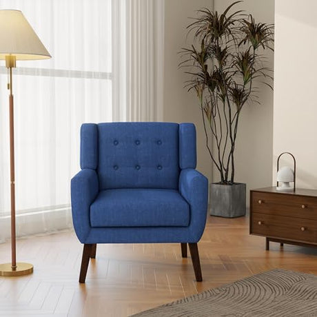 Accent Chair, Mid-Century Modern Fabric Chairs with Arms for Living Room, Comfy Upholstered Club Single Sofa Armchair for Bedroom Waiting Room with Solid Wood Frame (Fabric Navy Blue, Set of 1) DREAMSIDEA