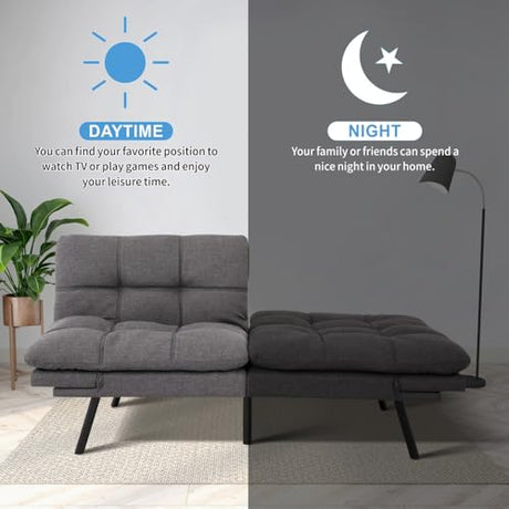MUUEGM Futon Sofa Bed, 71" Convertible Linen Memory Foam Couch Bed, Modern Backrests Armrests Love Seat for Living Room,Apartment,Office,Charcoal Grey Sleeper Couch MUUEGM