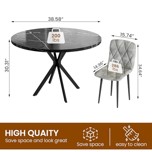 LTTROMAT Round Dining Table Set for 4, 39 Inch Circular Kitchen Table and Chair Set for 4 Person, 5-Pieces Dining Table Set with 4 Grey Velvet Chairs & Metal Frame for Small Space Home Kitchen LTTROMAT