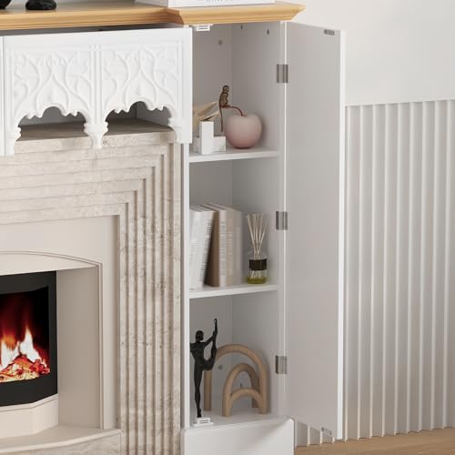 Timechee White Freestanding Electric Fireplaces Mantel Stand, Wooden Decorative Mantel Storage Cabinet with Doors and Shelves,Drawers, Fireplace Decor Entertainment Center with Storage for Living Room Timechee
