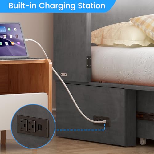 PUREMIND Queen Murphy Bed with Mattress Included - Solid Wood - Hideaway Chest Beds with 2 Storage Drawers, USB Charging Ports - Space Saving Murphy Cabinet Bed for Guest Room, Bedroom PUREMIND