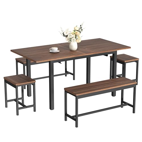 GarveeHome 5-Piece Dining Table Set for 4-8 People, 63 in Large Extendable Kitchen Table Set with 2 Benches and 2 Square Stools, Modern Dining Room Furniture Sets, Easy Assembly, Espresso GarveeHome