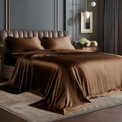 BEDELITE Satin Sheets Queen Size Bed Set, Luxury Soft Brown Silky Sheets for Hair and Skin, Similar to Silk Bed Sheets Set 4 Pieces with 1 Deep Pocket Fitted Sheet, 1 Flat Sheet, and 2 Pillowcases