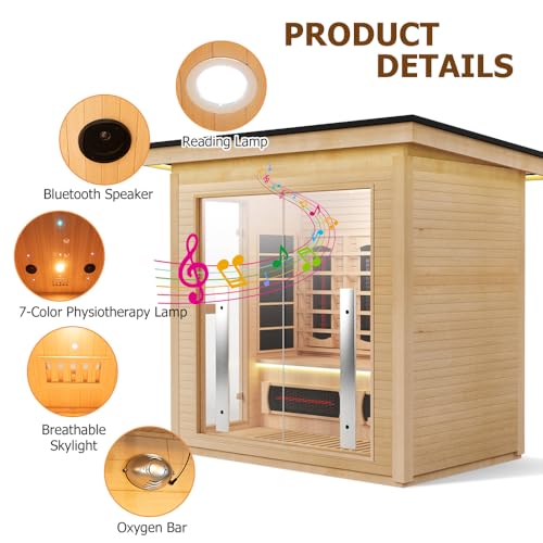 3-4 Person Hybrid Home Wood Sauna, Outdoor WiFi Control Traditional Hemlock Steam & Far Infrared Saunas Spa Room with Red Light Therapy, 11 Heaters& Electric Stove, Accessories Included, Leftdoor Smartmak