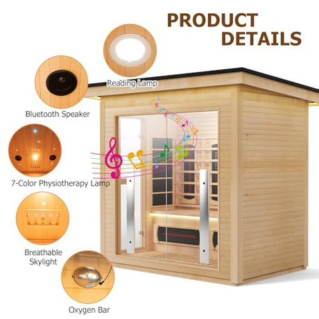 3-4 Person Hybrid Home Wood Sauna, Outdoor WiFi Control Traditional Hemlock Steam & Far Infrared Saunas Spa Room with Red Light Therapy, 11 Heaters& Electric Stove, Accessories Included, Leftdoor Smartmak