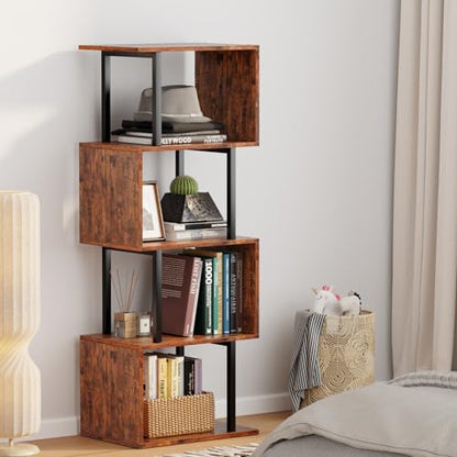 S-Shaped 5-Tier Furologee Bookshelf - Modern Rustic Brown Display Rack for Home & Office - WoodArtSupply