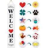 Lotkey Seasonal Welcome Sign for Front Door, 47 x 7.9 Inch Welcome Sign with 12 Wooden Icons (6 Double-sided Disks) Porch Decor for Summer Fall Thanksgiving Christmas Party Outdoor Sign (White) LOTKEY