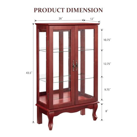 Firscook Curio Cabinet With Lighted Tall Leg Glass Door, Antique Display With Mirrored Back Panel, Vintage Lighted Accent Corner China for Living Room (Cherry) Firscook