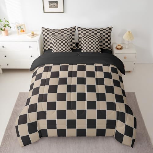 Erosebridal Geometric Plaid Twin Comforter Set 7 Piece Beige Black Brown Checkerboard Bed in A Bag with Sheets Checkered Grid Bedding Set for Kids Boys Men,Modern Aesthetic Bed Set Erosebridal