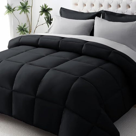 JOLLYVOGUE Queen Comforter Set, Ultra-Soft Bed in a Bag Queen Size 7 Pieces, Oeko-TEX Certified Bedding Set with Down Alternative Comforter, Sheets, Pillowcases & Shams, Black & Light Grey JOLLYVOGUE