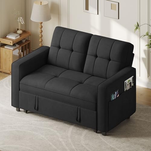 YITAHOME 3-in-1 Convertible Sofa Bed, Modern Loveseat Sleeper with Pull-Out Chaise, USB Charging Ports, Side Pockets, Compact Sofa for Living Room, Bedroom, Apartment, Black YITAHOME