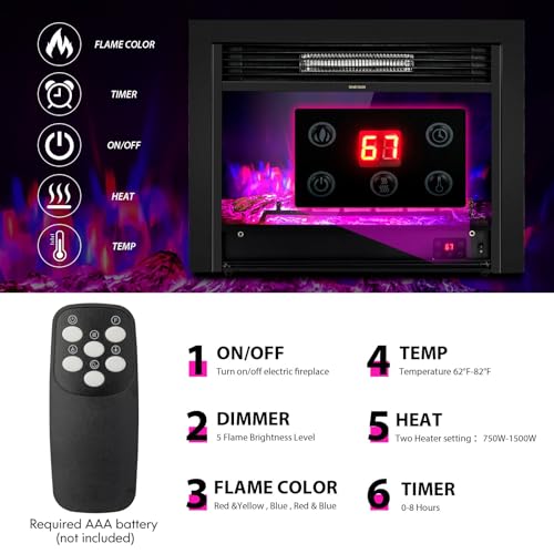 LDAILY 28" Electric Fireplace, Wall Mounted/Recessed, 3-Color Flame, 5 Brightness, 8H Timer & Remote Control, 750/1500W Freestanding Fireplace Insert Heater, Black (28.5 inches) LDAILY