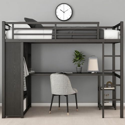 Bellemave Metal Twin XL Size Loft Bed with Desk and Wardrobe,Heavy Duty Loft Bed Frame with Storage Shelves for Kids,Teens,Adults, Space Saving,Black Bellemave