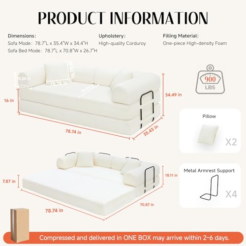 KSTNLUXQ 79" Corduroy Sofa Bed, Boneless Couch in a Box with 2 Pillows, High-Density Foam 4-in-1 Foldable Sleeper Futon Loveseat for Small Spaces, No Assembly, Side Pockets, Round Arm White KSTNLUXQ