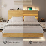 Feonase Floating Bed Frame King with Led Lights and Charging Station, Wood Full Size Bed Frame with Storage Headboard, Heavy Duty Metal Slats, No Box Spring Needed, Easy Assembly,Oak Feonase